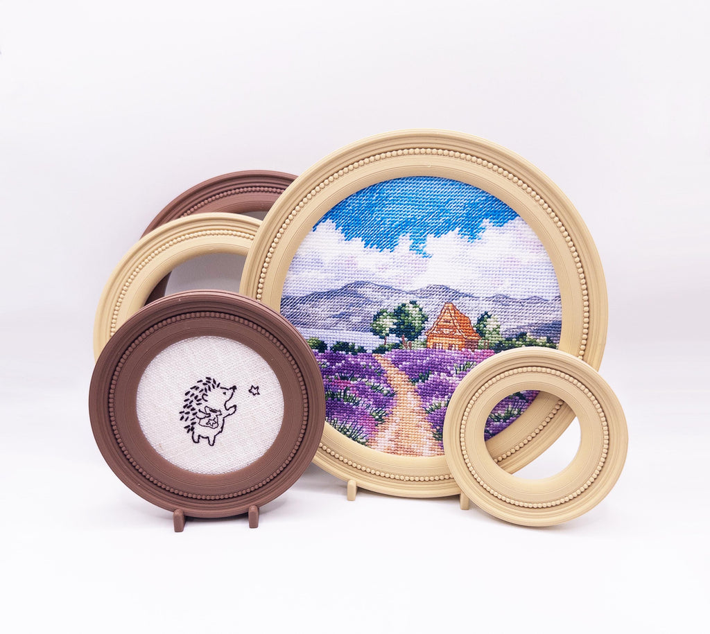 Magnetic Cross Stitch Round Frame: Beige Needlework Display with Stand