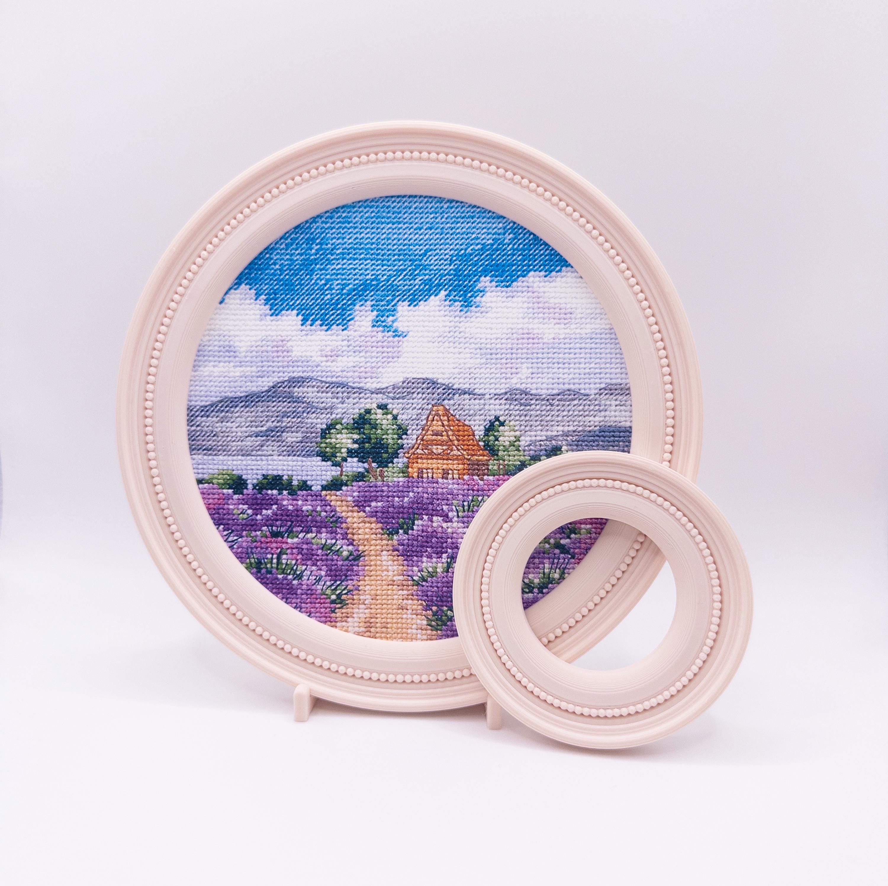 Magnetic Cross Stitch Round Frame: White Needlework Display with Stand