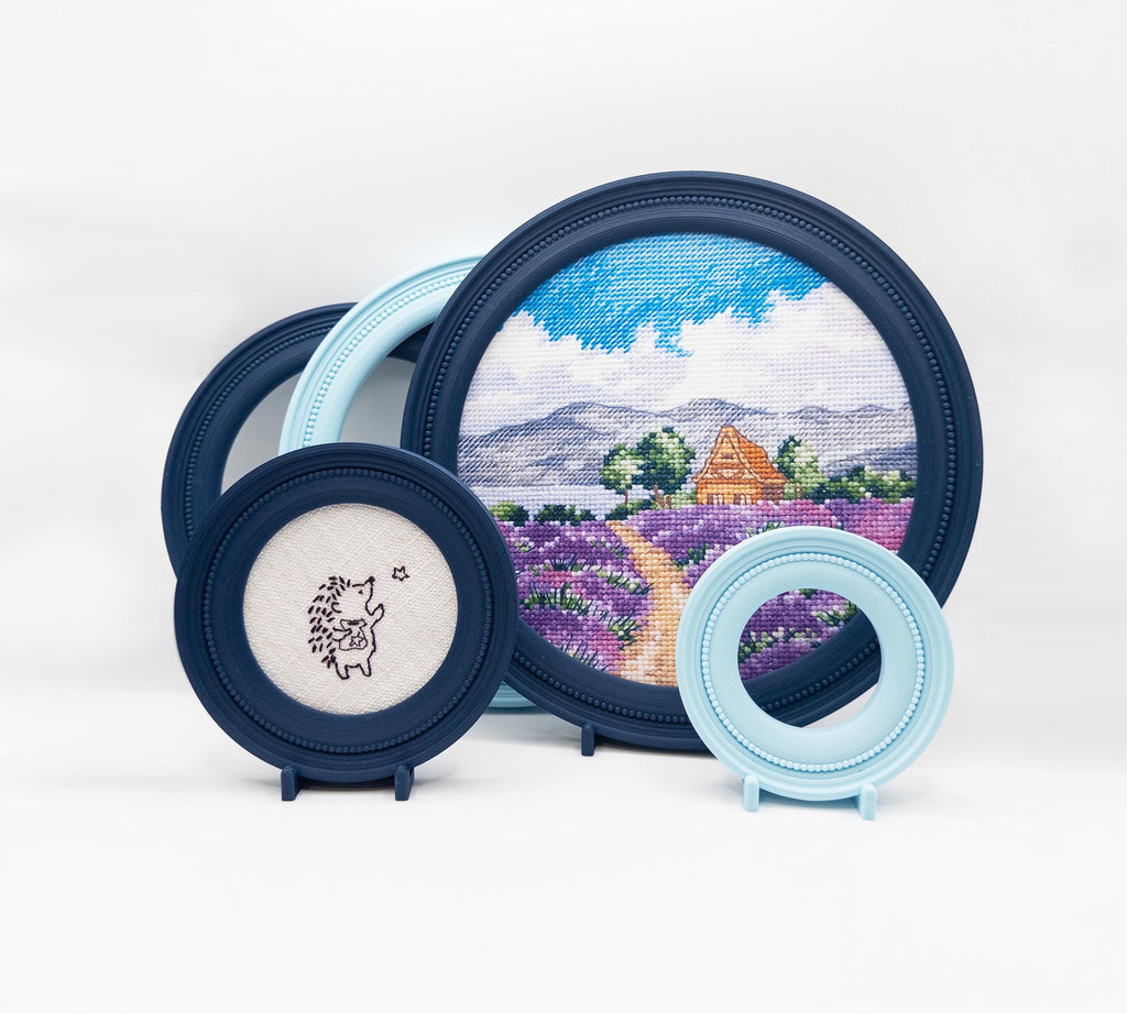 Magnetic Cross Stitch Round Frame: Blue Needlework Display with Stand