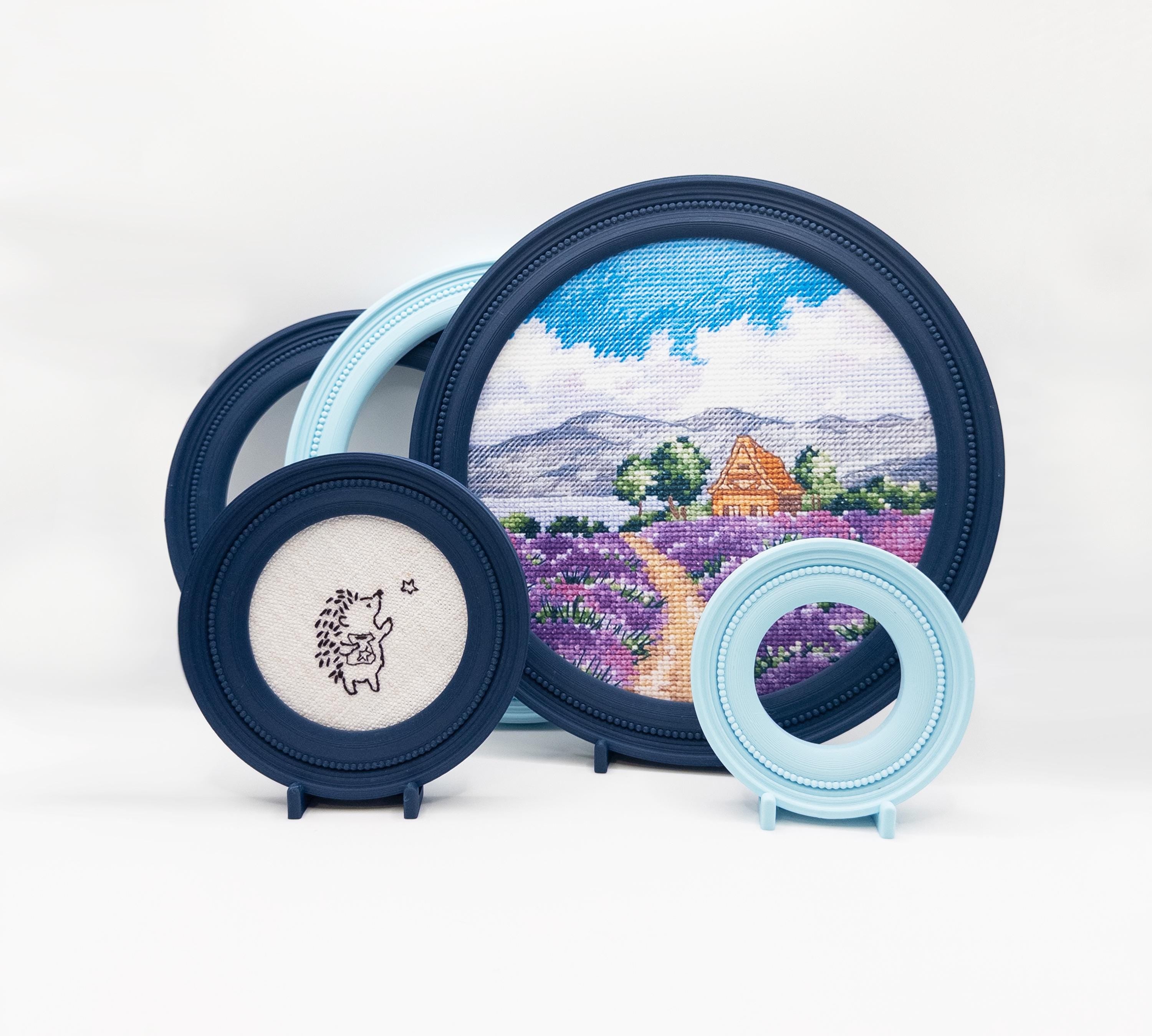 Magnetic Cross Stitch Round Frame: Blue Needlework Display with Stand