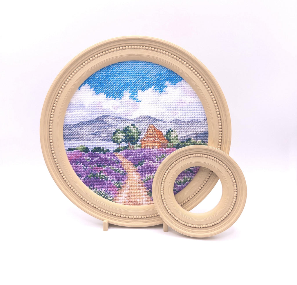 Magnetic Cross Stitch Round Frame: Beige Needlework Display with Stand