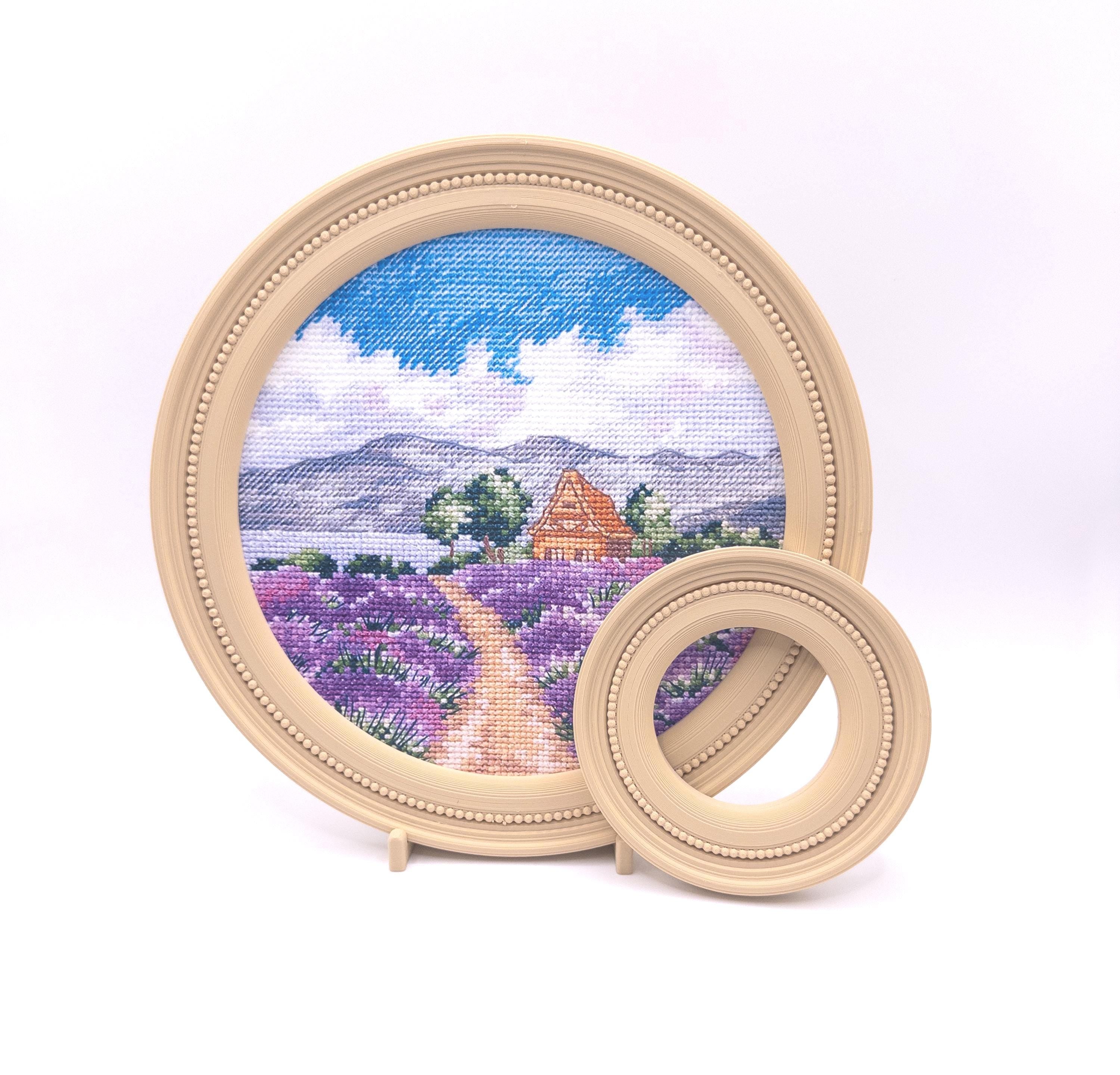 Magnetic Cross Stitch Round Frame: Beige Needlework Display with Stand