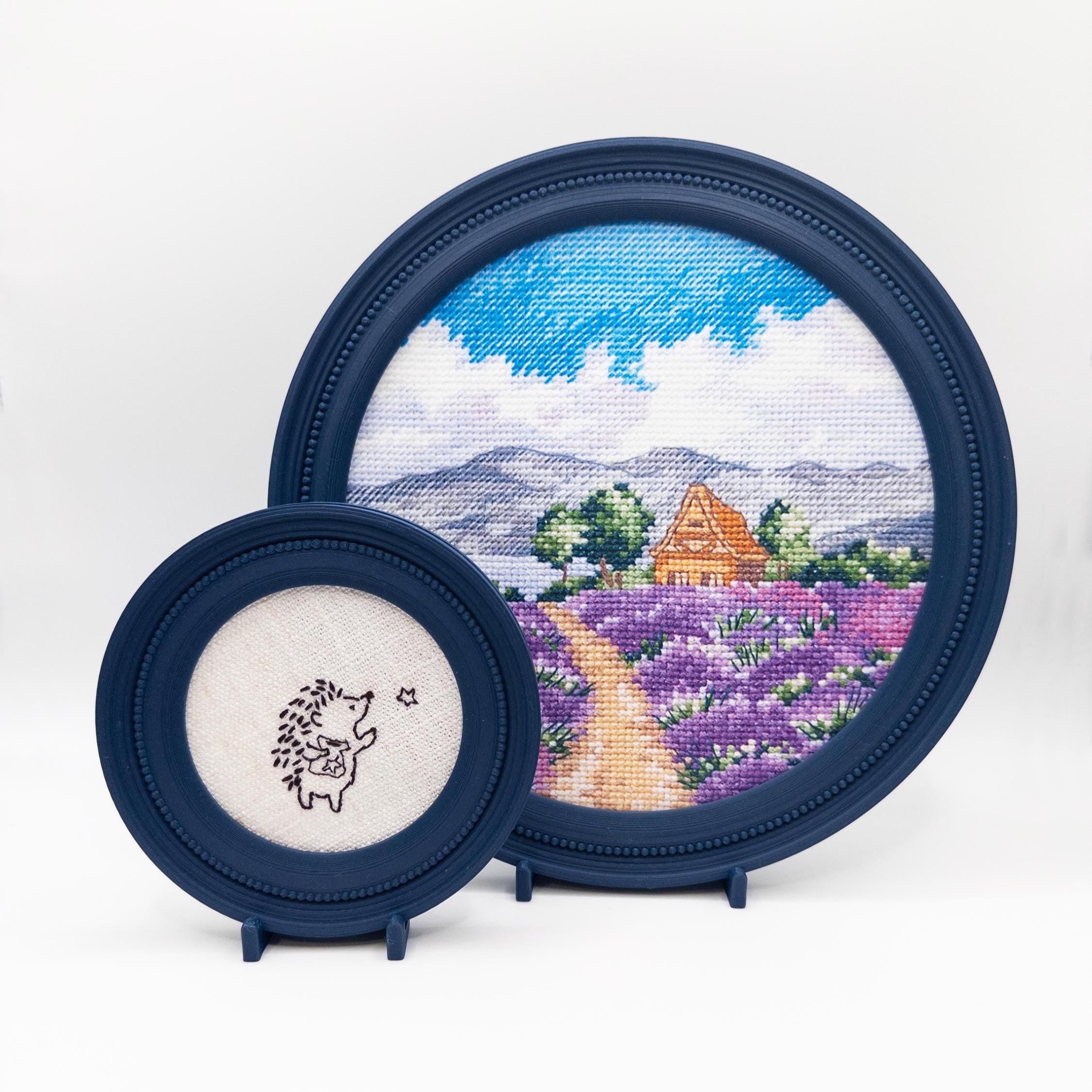 Magnetic Cross Stitch Round Frame: Blue Needlework Display with Stand